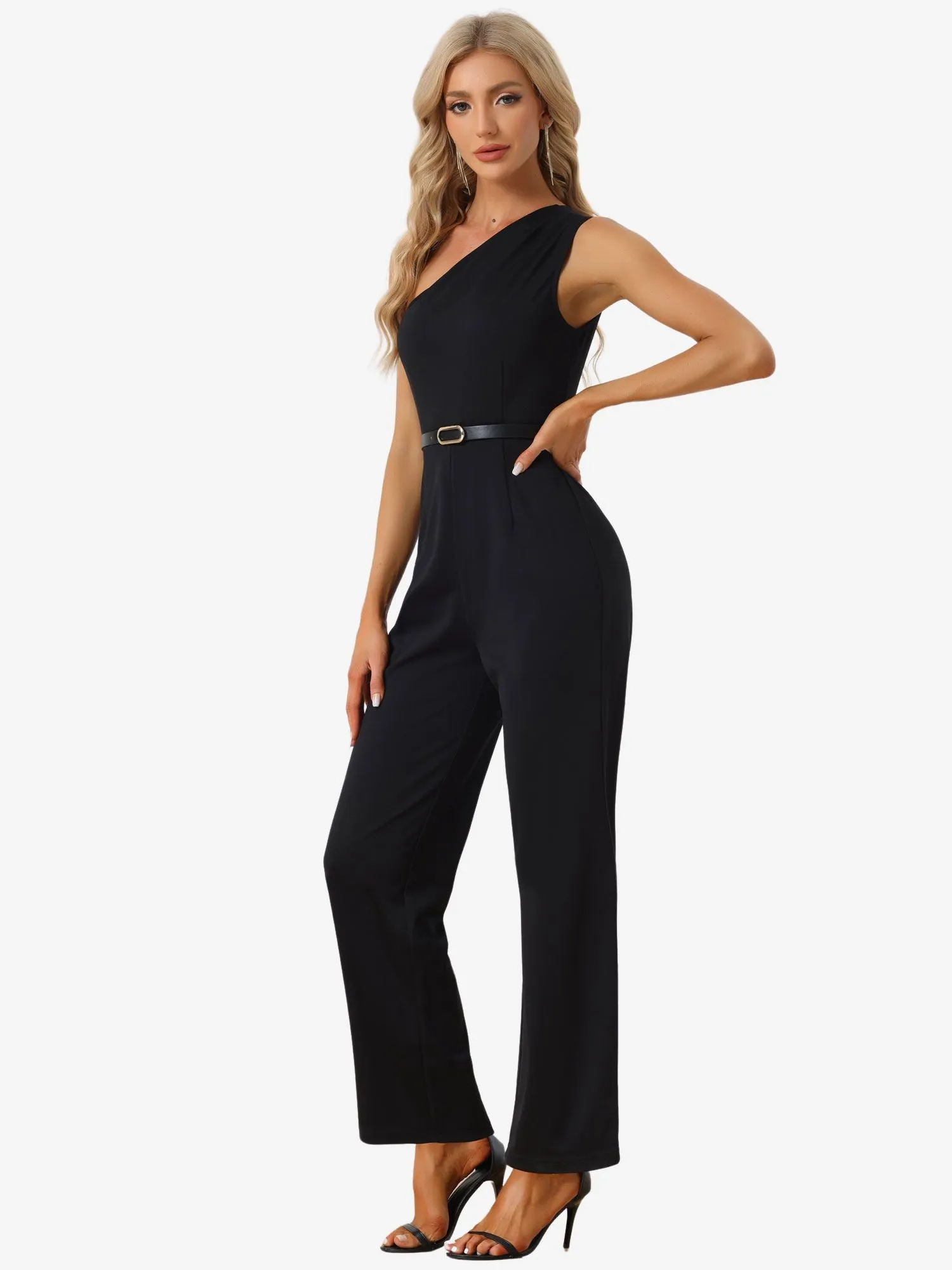 One Shoulder Dressy Sleeveless Belt Wide Leg Jumpsuit sold by Allegra K