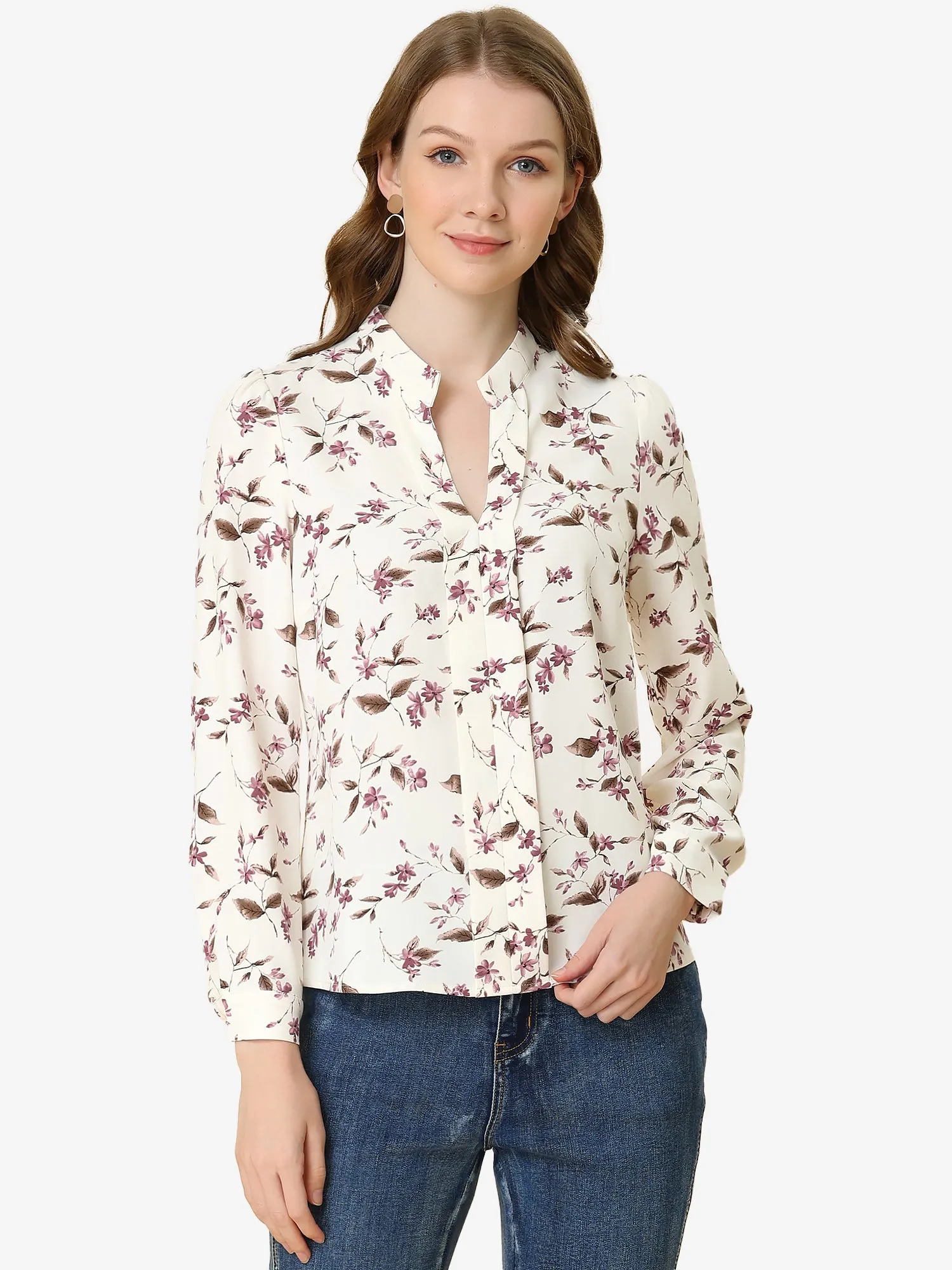 Floral Print Split V Neck Office Long Sleeve Blouse Shirt sold by Allegra K