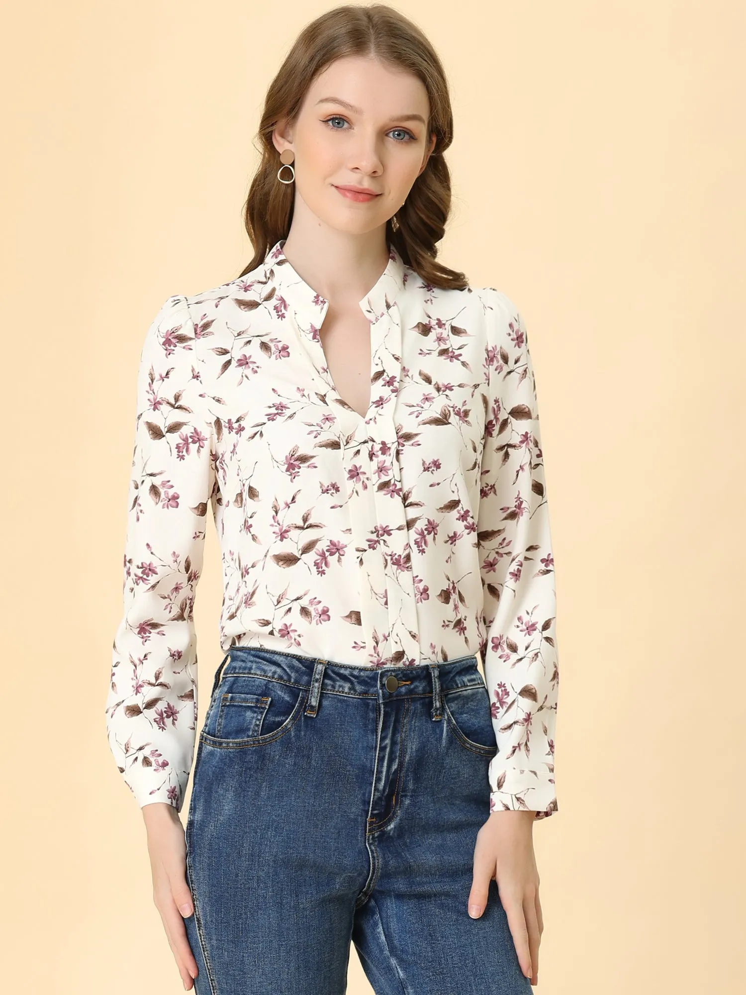 Floral Print Split V Neck Office Long Sleeve Blouse Shirt sold by Allegra K product image thumbnail 3
