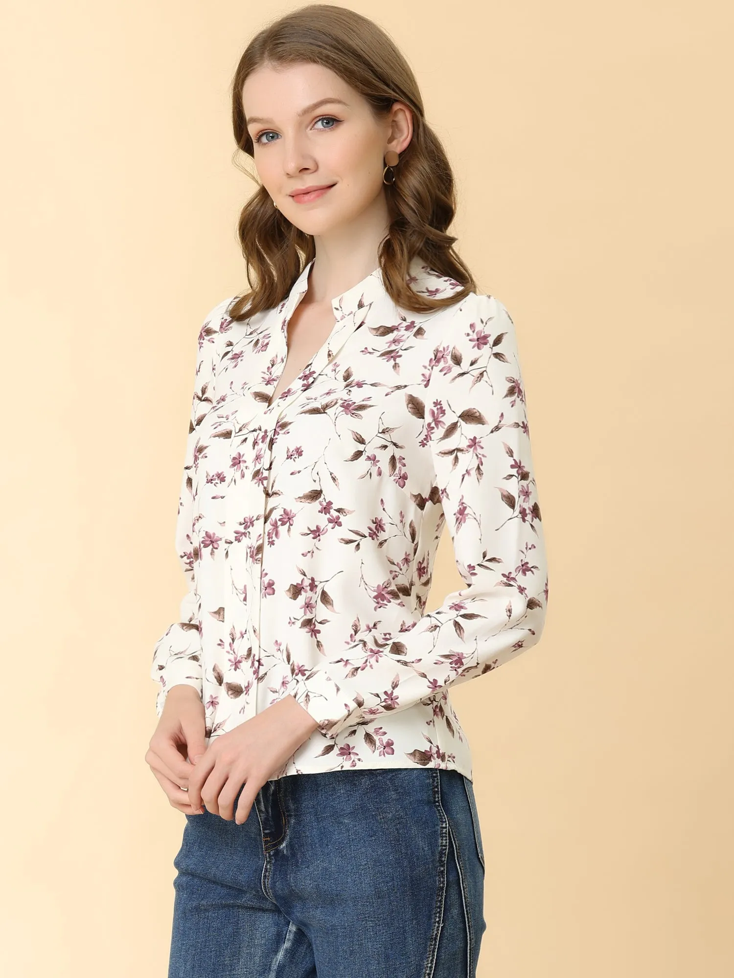 Floral Print Split V Neck Office Long Sleeve Blouse Shirt sold by Allegra K product image thumbnail 4