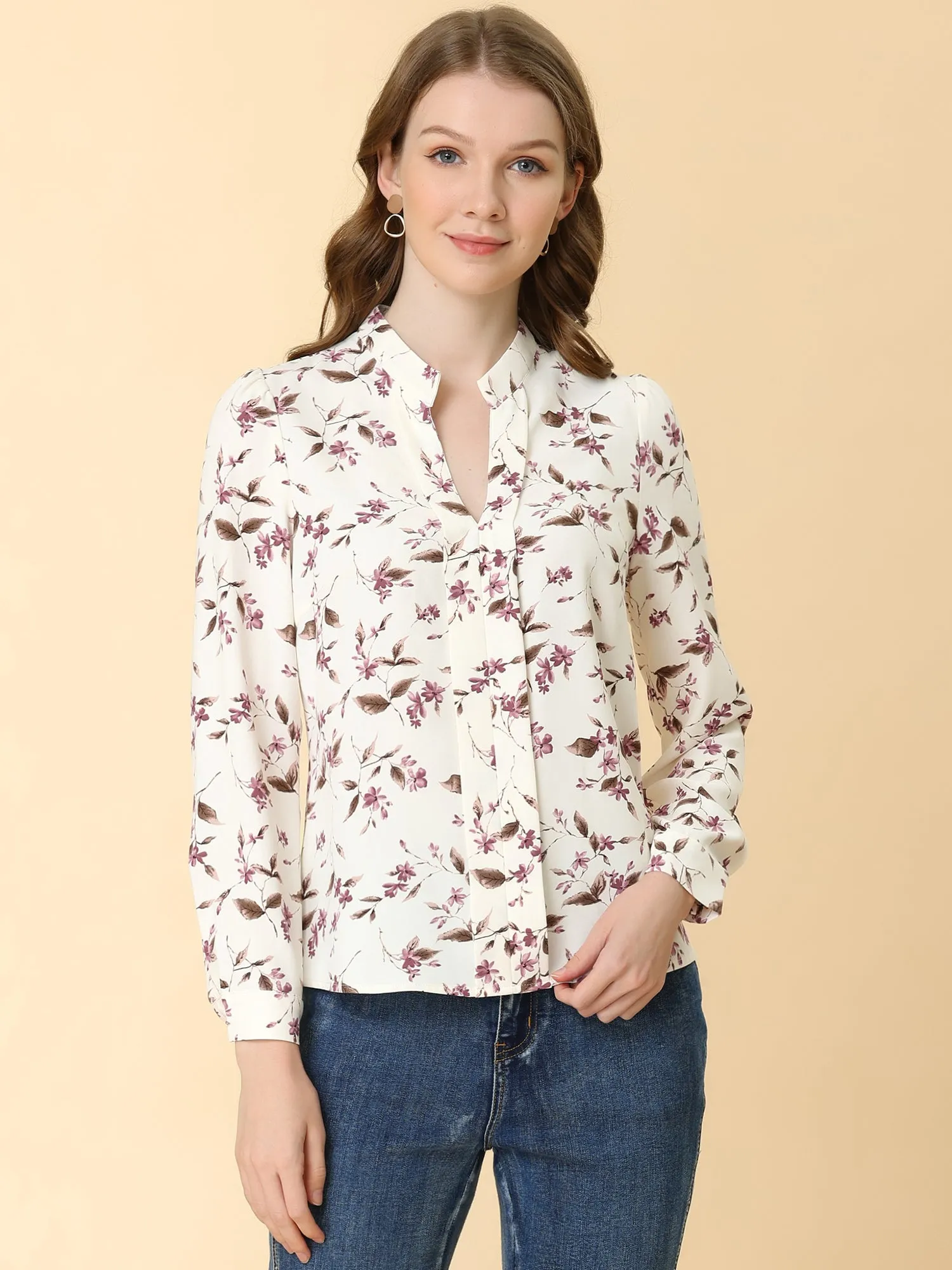 Floral Print Split V Neck Office Long Sleeve Blouse Shirt sold by Allegra K product image thumbnail 2