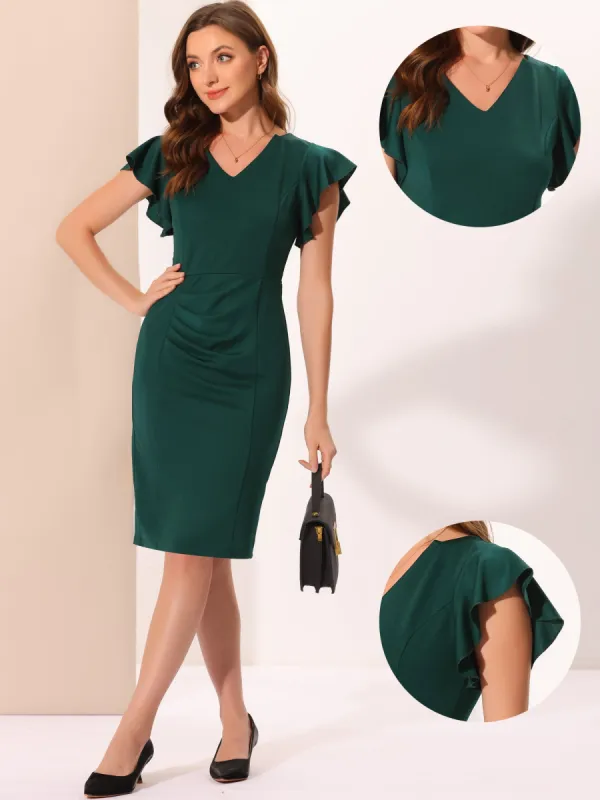 Ruffle Sleeve Solid V Neck Ruched Front Elegant Bodycon Dress sold by Allegra K