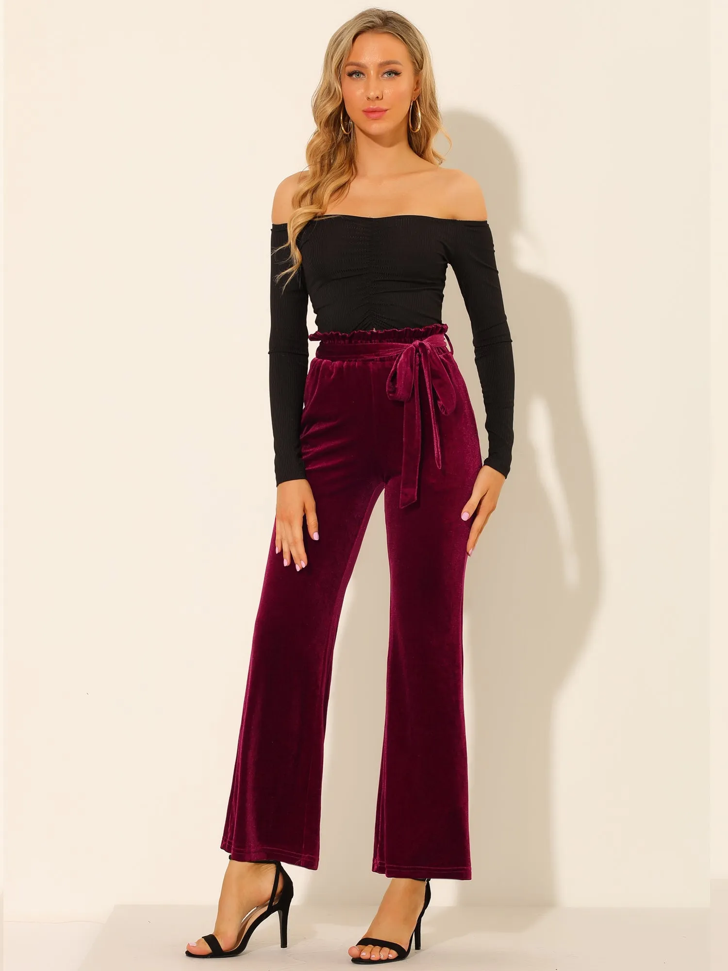 Velvet Tie Waist Pockets Stretchy Wide Leg Pants sold by Allegra K product image thumbnail 3
