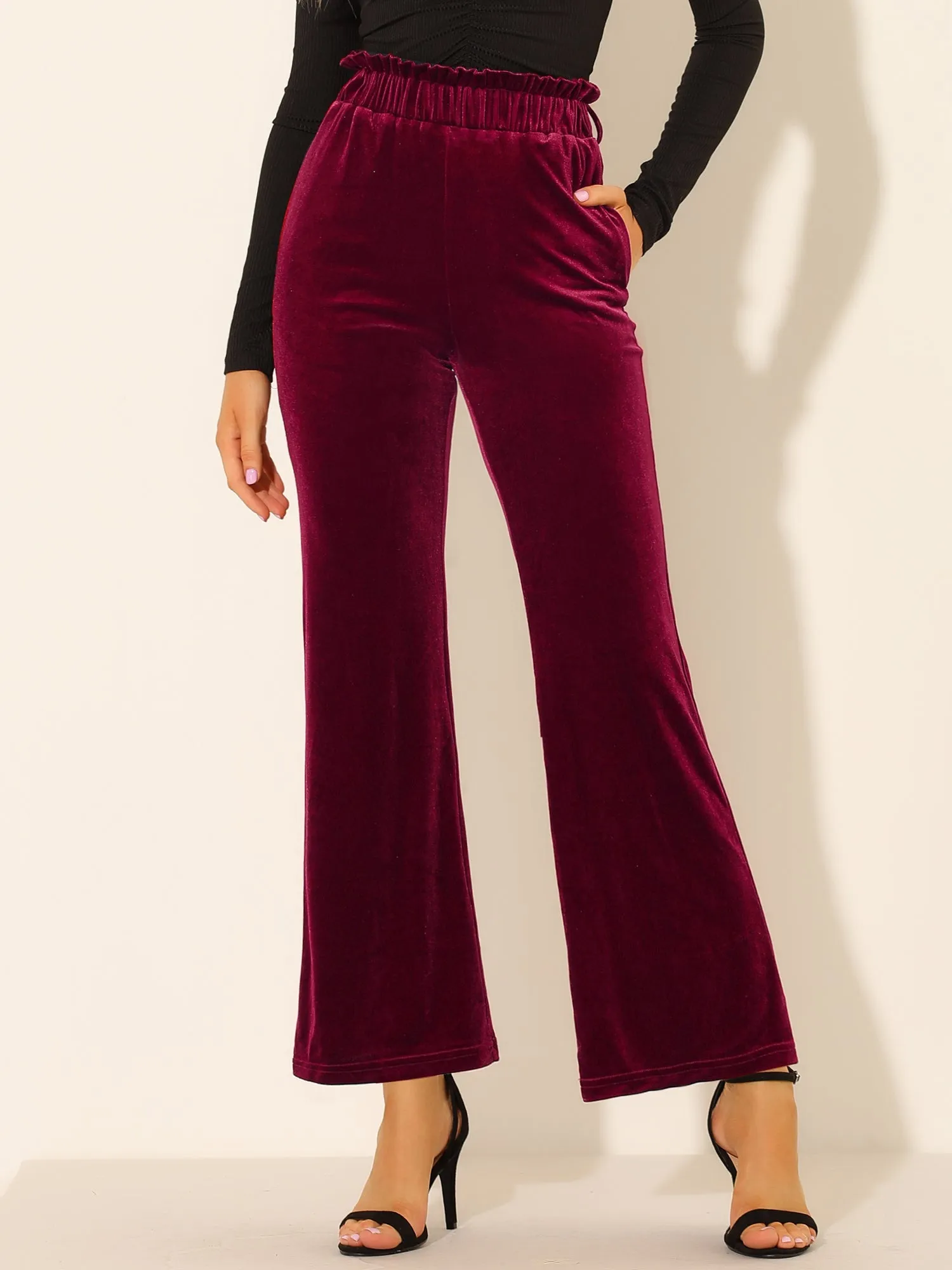 Velvet Tie Waist Pockets Stretchy Wide Leg Pants sold by Allegra K product image thumbnail 4