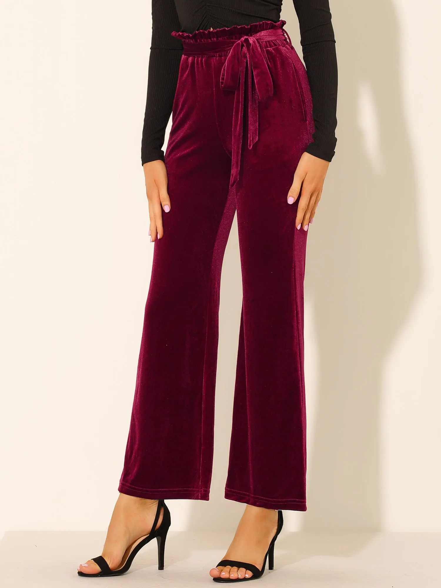 Velvet Tie Waist Pockets Stretchy Wide Leg Pants sold by Allegra K product image thumbnail 2