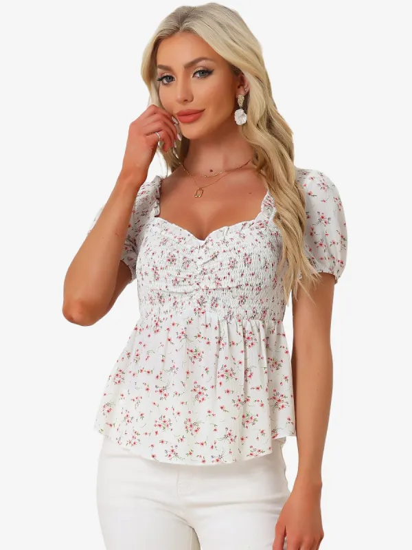 Puff Short Sleeve Floral Shirred Ruffle Peplum Blouse sold by Allegra K