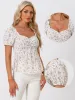 Puff Short Sleeve Floral Shirred Ruffle Peplum Blouse sold by Allegra K