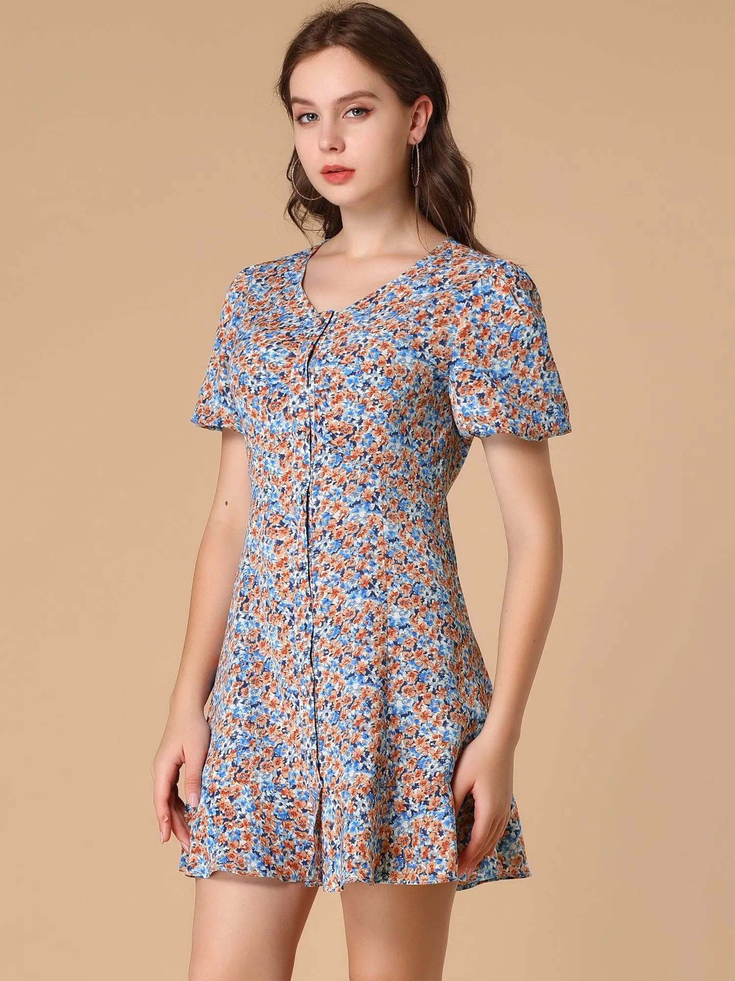 Button Front V Neck Ruffle Hem Short Sleeve Floral Mini Dress sold by Allegra K product image thumbnail 3