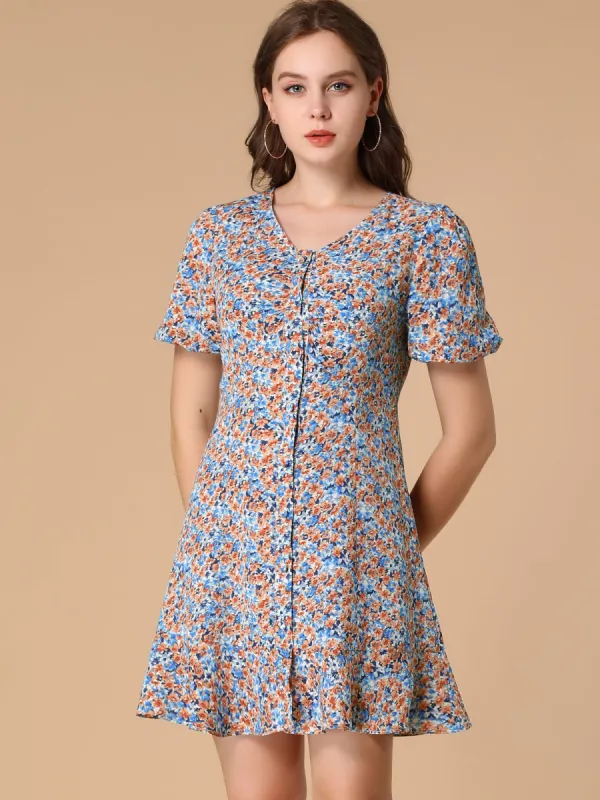 Button Front V Neck Ruffle Hem Short Sleeve Floral Mini Dress sold by Allegra K