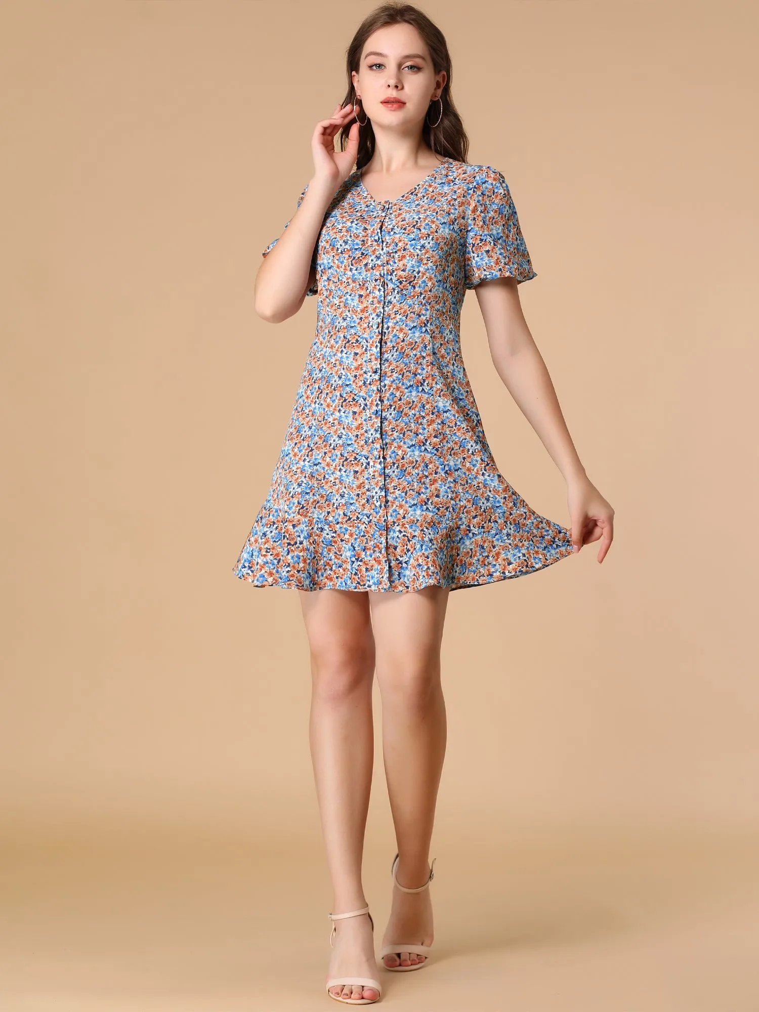 Button Front V Neck Ruffle Hem Short Sleeve Floral Mini Dress sold by Allegra K product image thumbnail 2