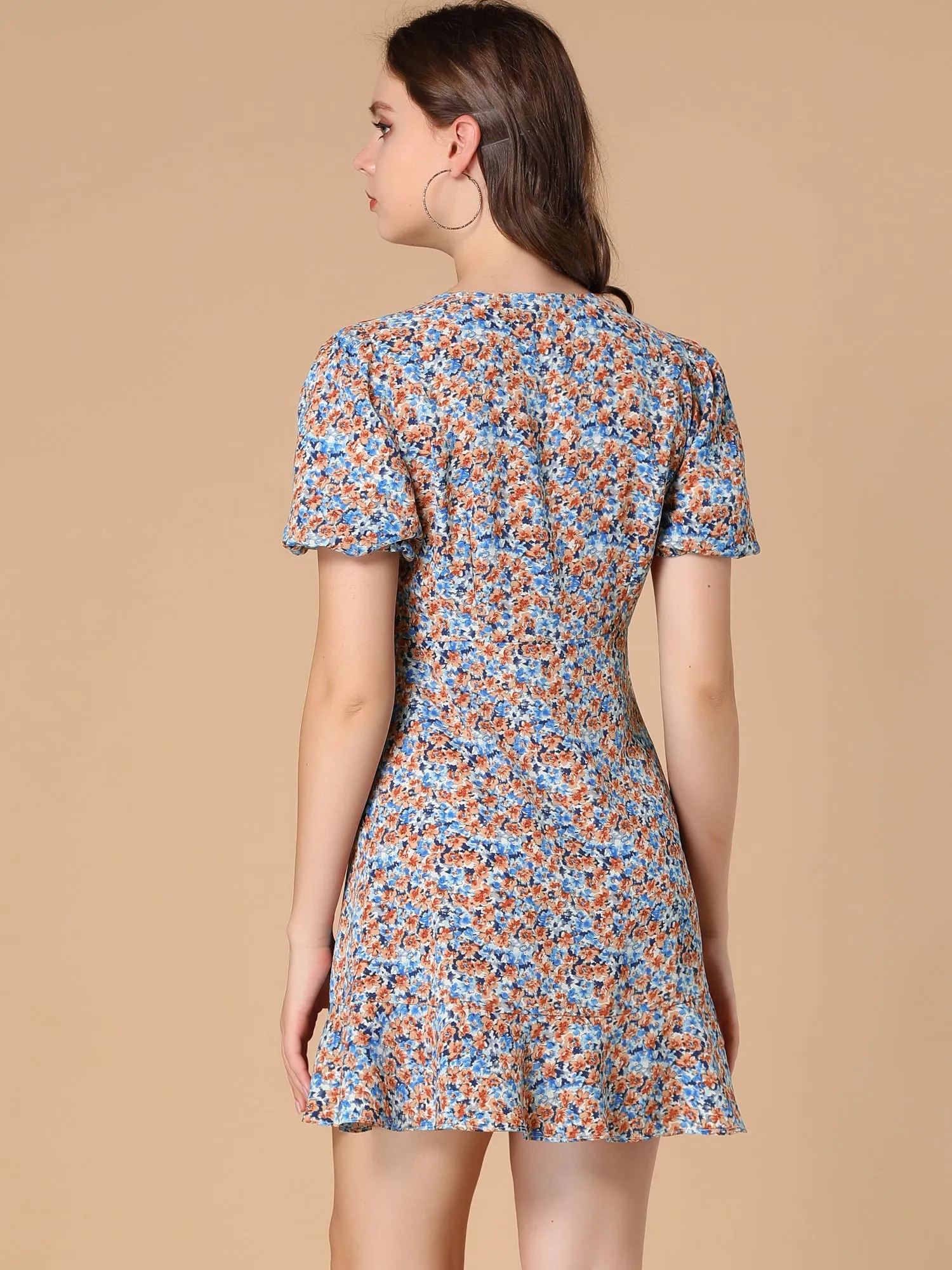Button Front V Neck Ruffle Hem Short Sleeve Floral Mini Dress sold by Allegra K product image thumbnail 4