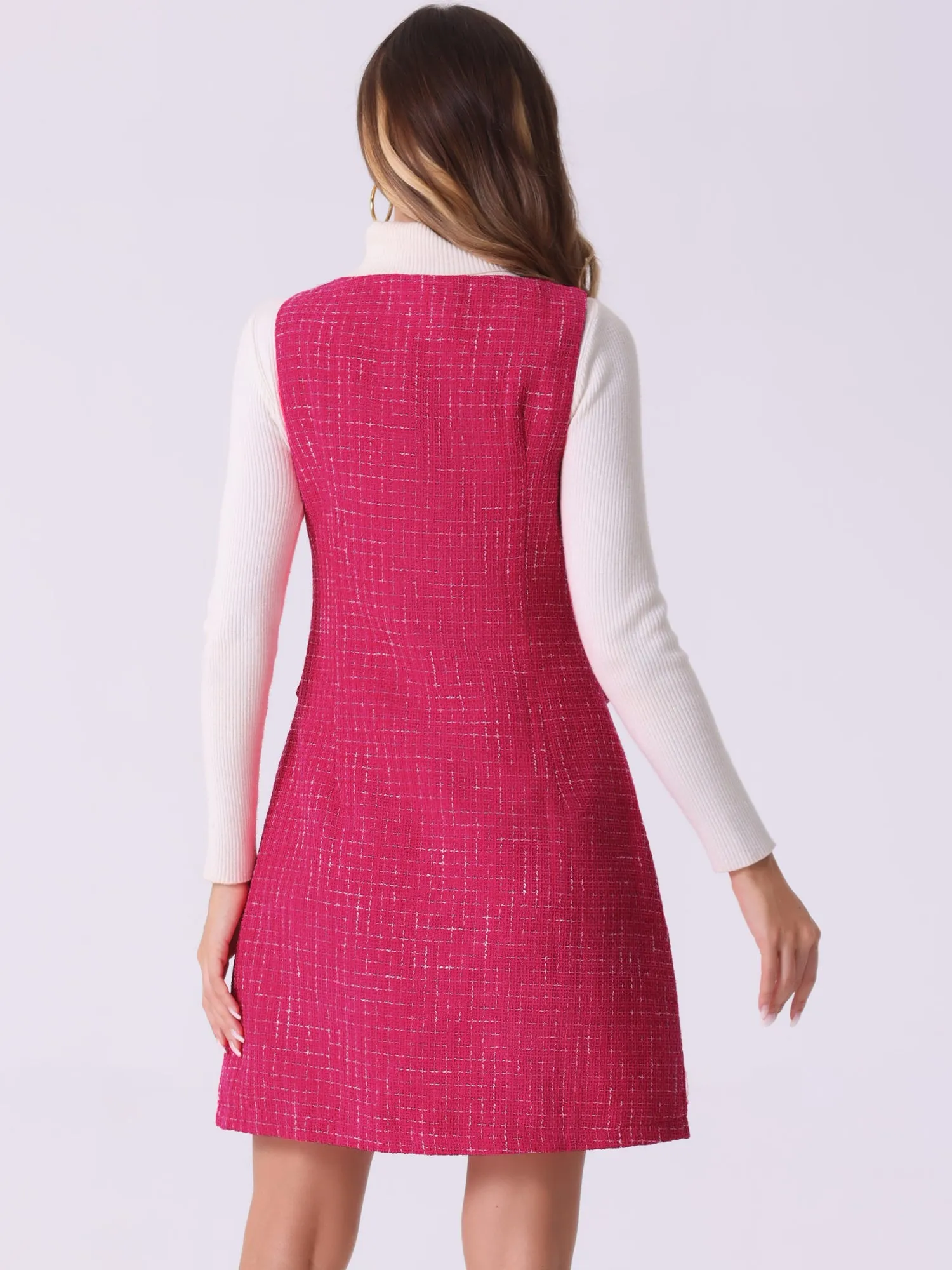 Tweed Sleeveless Button Up Pockets A-Line Pinafore Overall Dress sold by Allegra K product image thumbnail 3