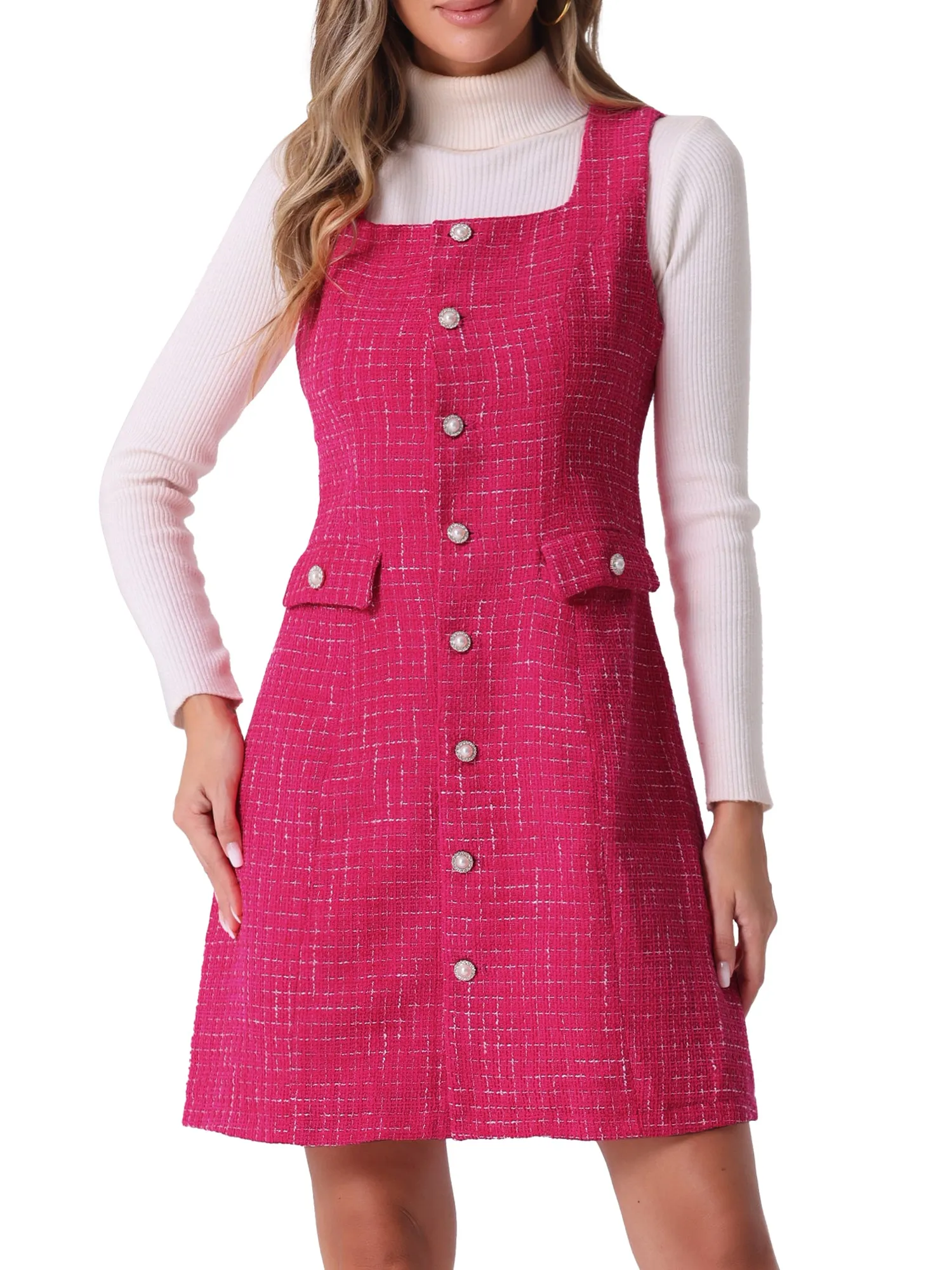 Tweed Sleeveless Button Up Pockets A-Line Pinafore Overall Dress sold by Allegra K product image thumbnail 5