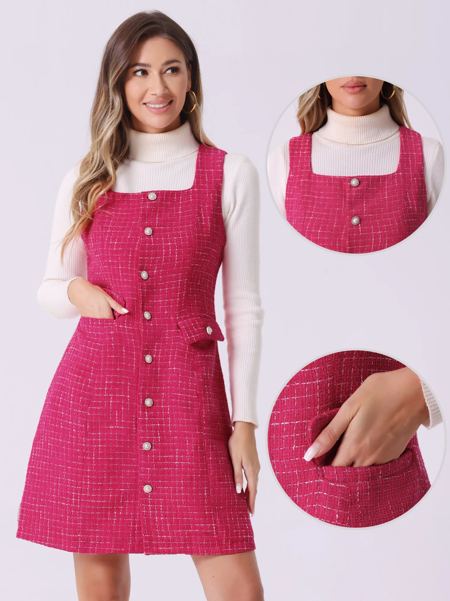 Tweed Sleeveless Button Up Pockets A-Line Pinafore Overall Dress sold by Allegra K product image thumbnail 2