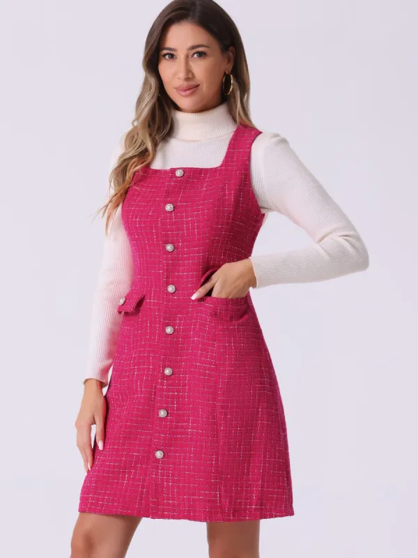 Tweed Sleeveless Button Up Pockets A-Line Pinafore Overall Dress sold by Allegra K