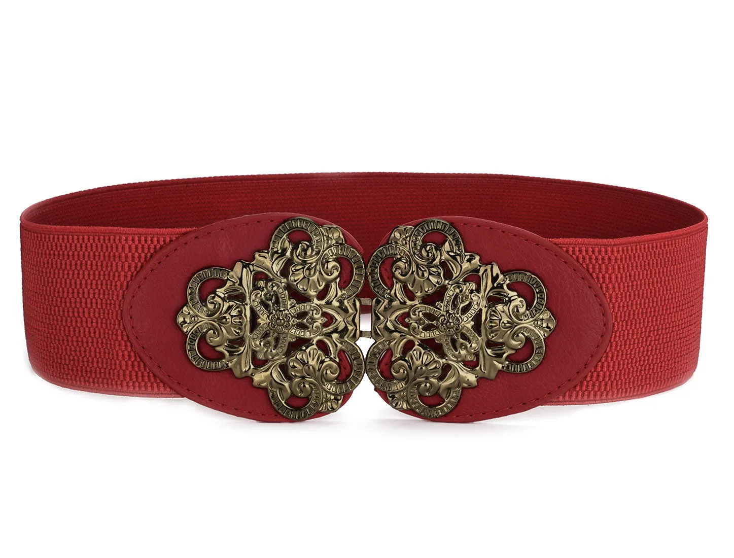 Metal Symmetric Flower Interlock Buckle Textured Elastic Cinch Belt sold by Allegra K