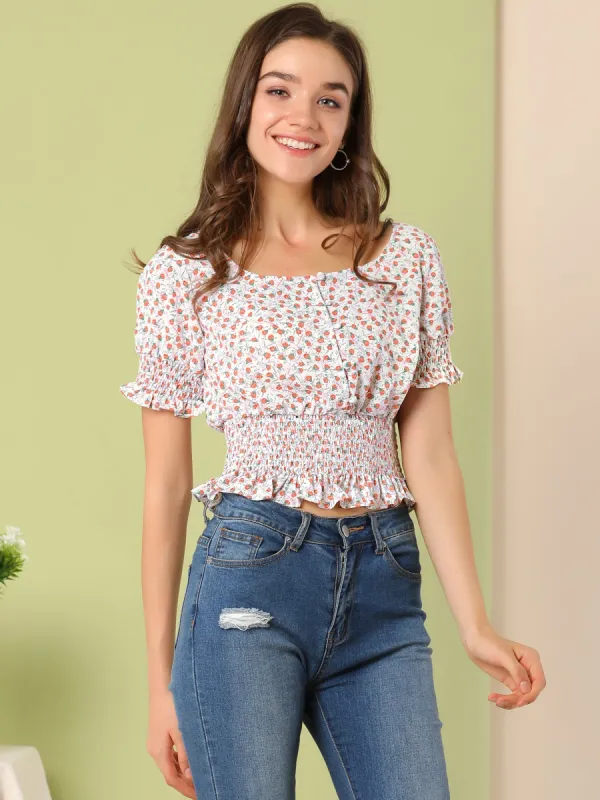 Floral Square Neck Cute Ruffle Smocked Crop Top sold by Allegra K