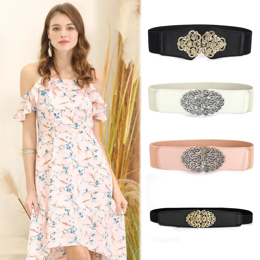 Metal Symmetric Flower Interlock Buckle Textured Elastic Cinch Belt sold by Allegra K product image thumbnail 4