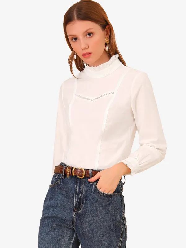 Cotton Shirt Ruffle Mock Neck Lace Peasant Long Sleeve Tops sold by Allegra K