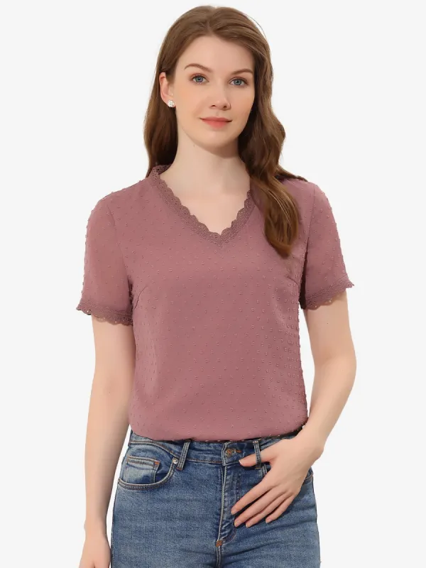 Chiffon Blouse V-Neck Short Sleeve Swiss Dots Top sold by Allegra K