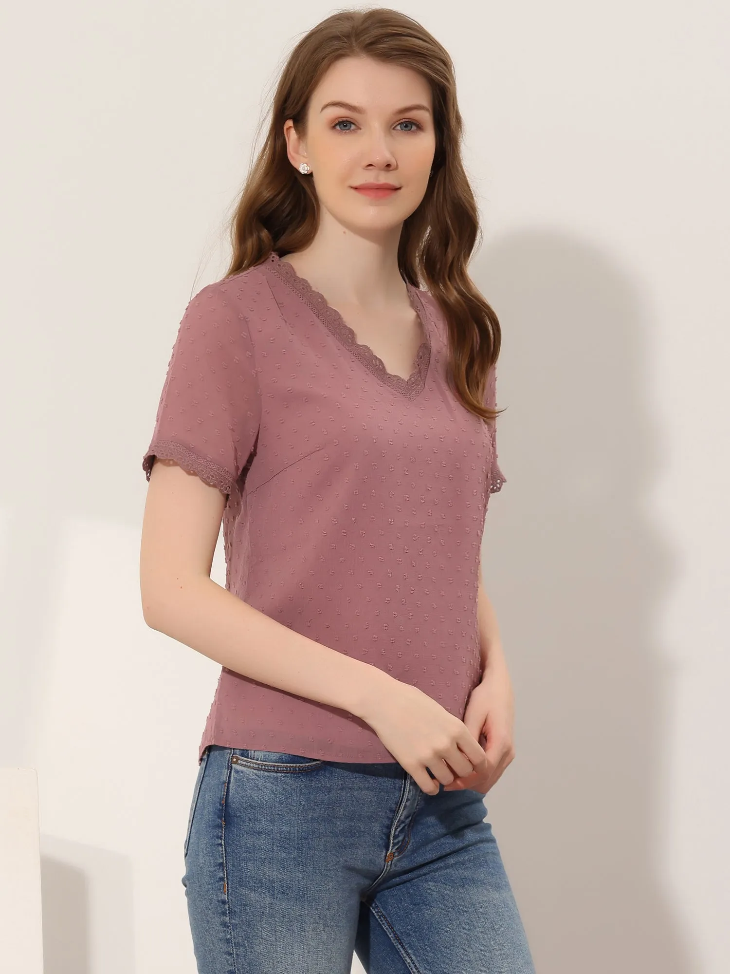 Chiffon Blouse V-Neck Short Sleeve Swiss Dots Top sold by Allegra K product image thumbnail 5