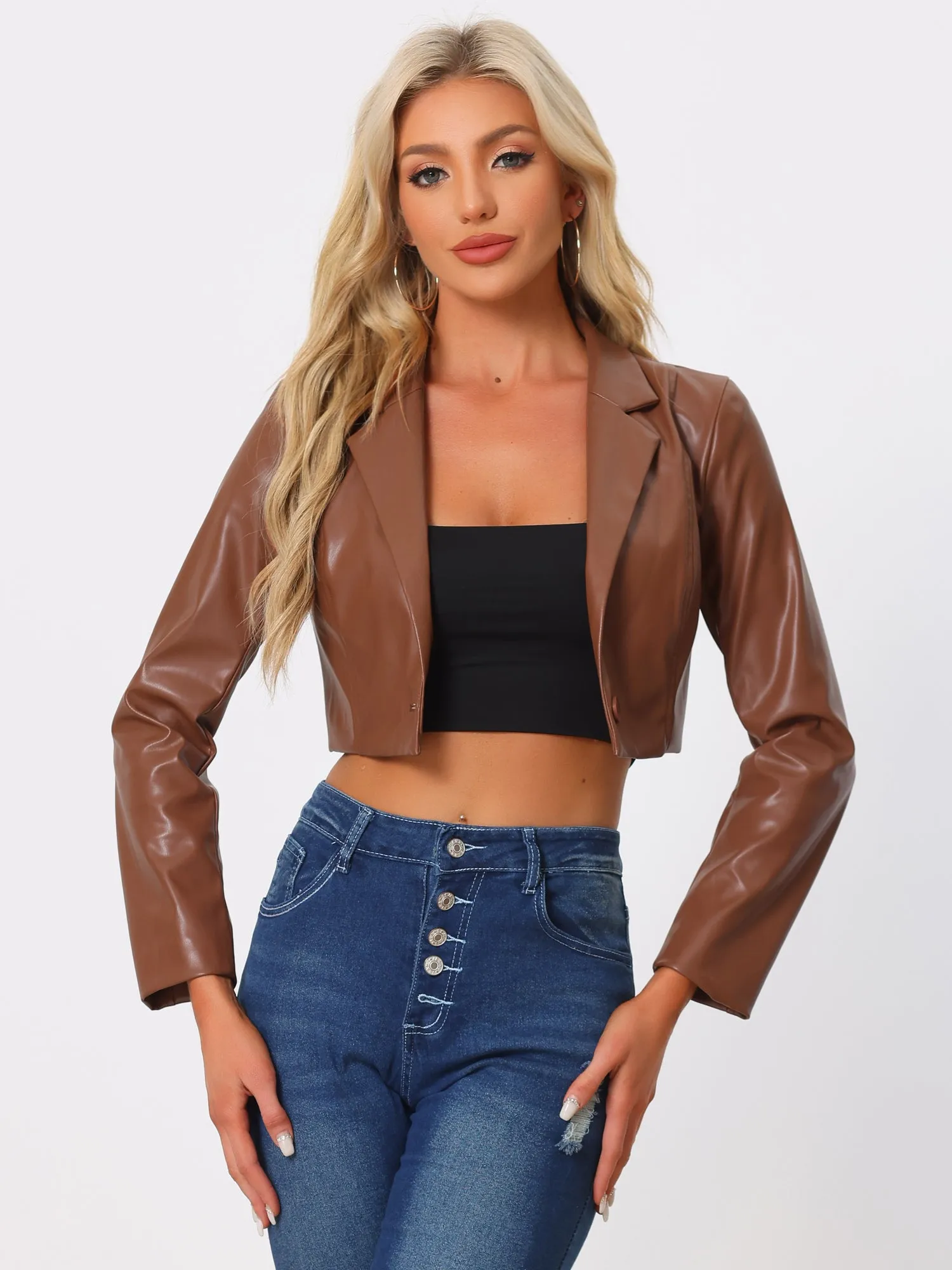 Faux Leather Cropped Blazer Lapel Collar Moto PU Jacket sold by Allegra K product image thumbnail 5