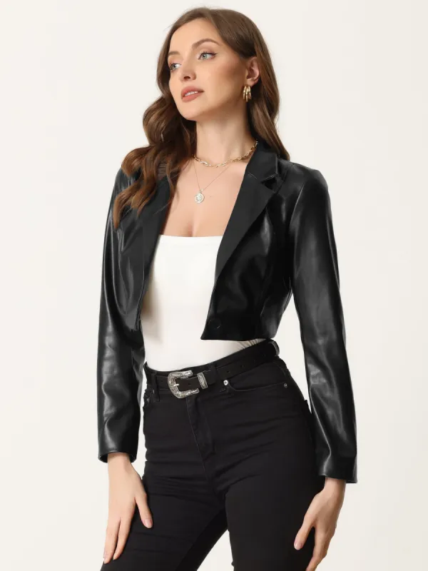 Faux Leather Cropped Blazer Lapel Collar Moto PU Jacket sold by Allegra K