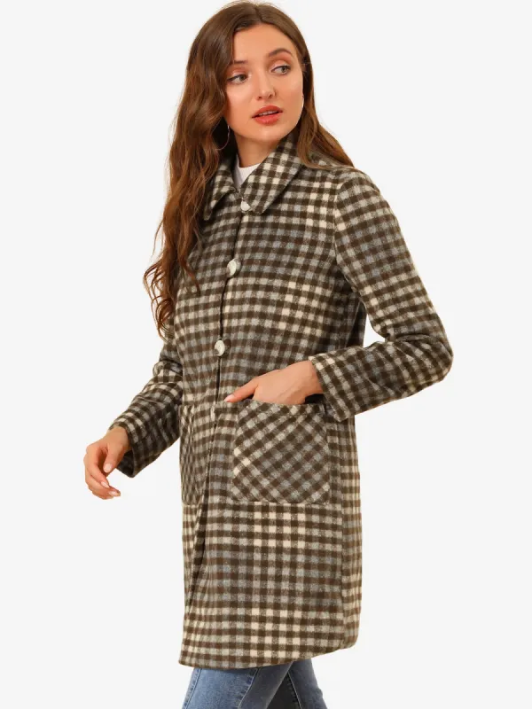 Turnover Collar Winter Elegant Woolen Blend Long Plaid Coat sold by Allegra K