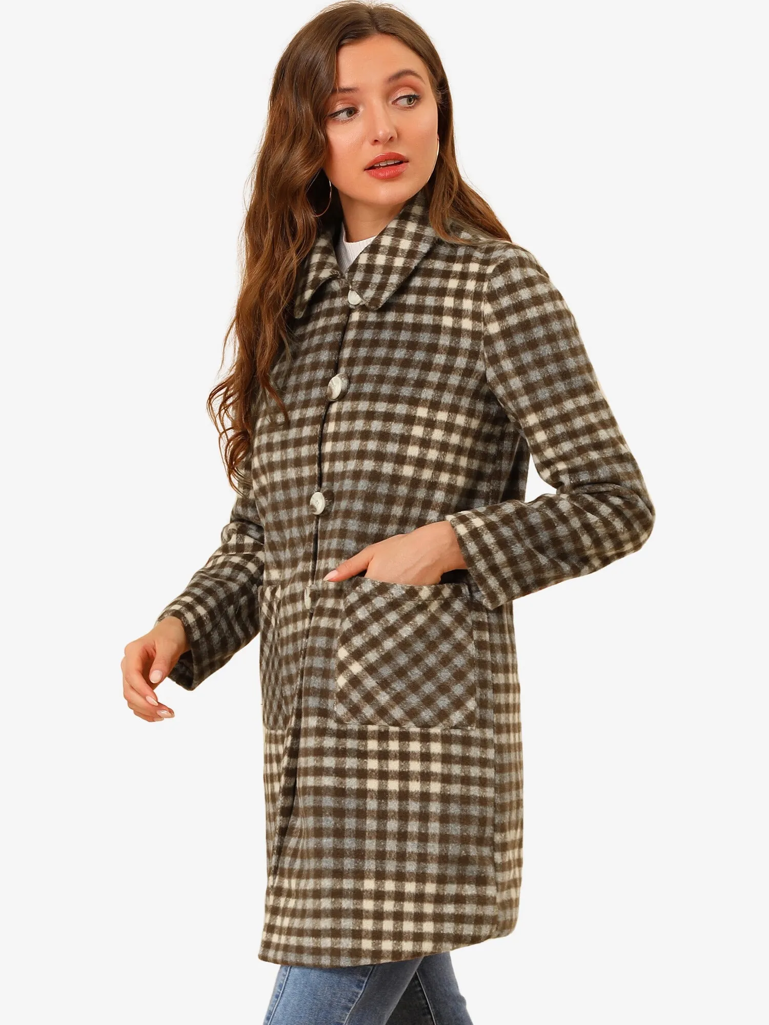 Turnover Collar Winter Elegant Woolen Blend Long Plaid Coat sold by Allegra K