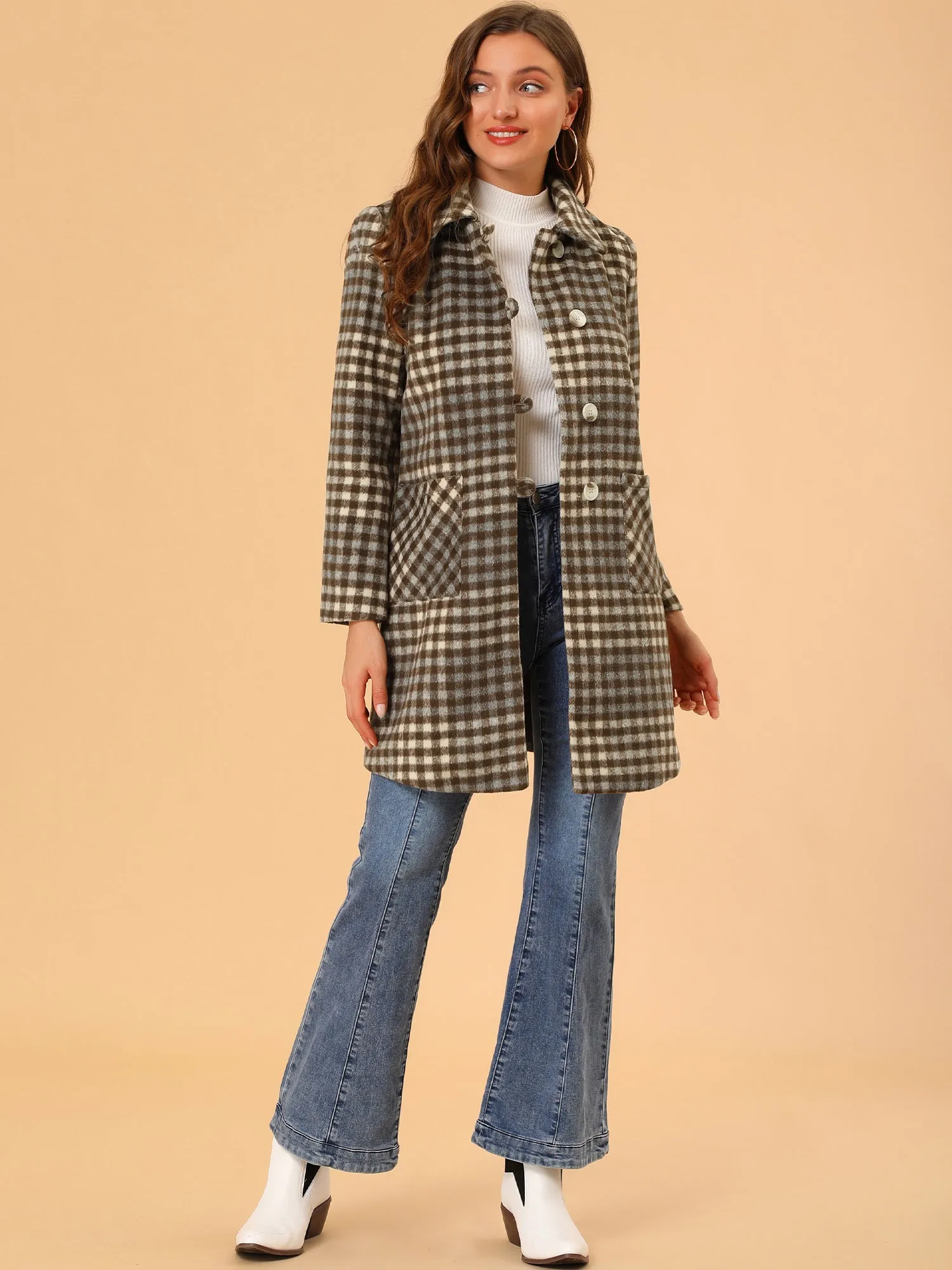 Turnover Collar Winter Elegant Woolen Blend Long Plaid Coat sold by Allegra K product image thumbnail 3