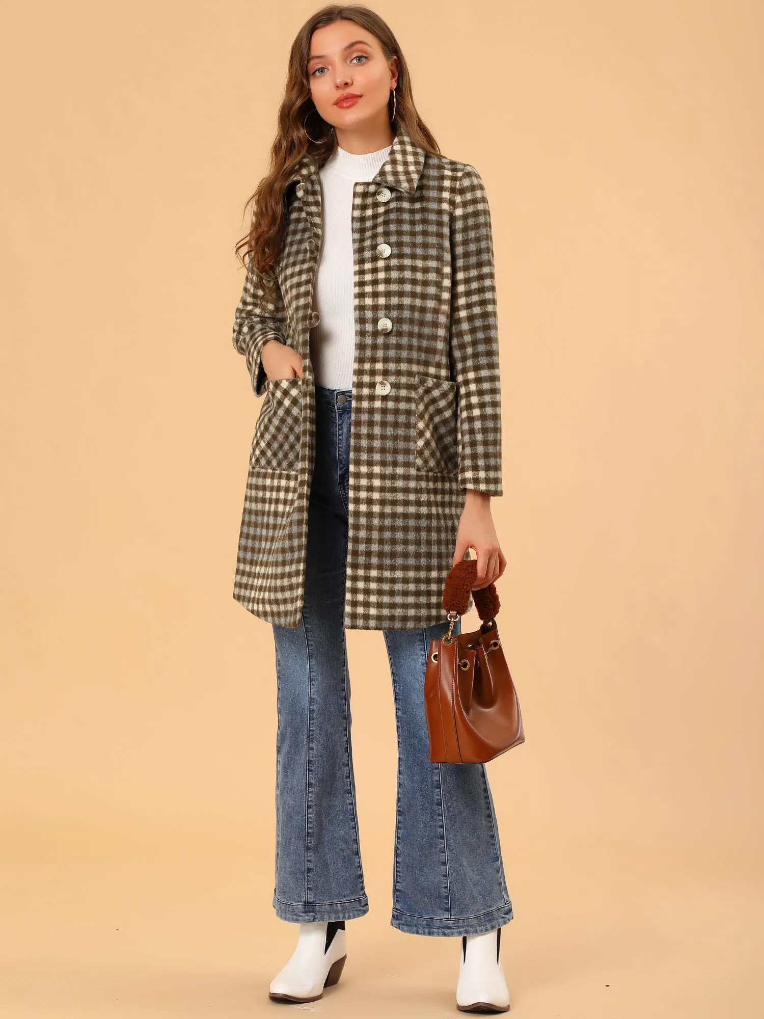 Turnover Collar Winter Elegant Woolen Blend Long Plaid Coat sold by Allegra K product image thumbnail 2