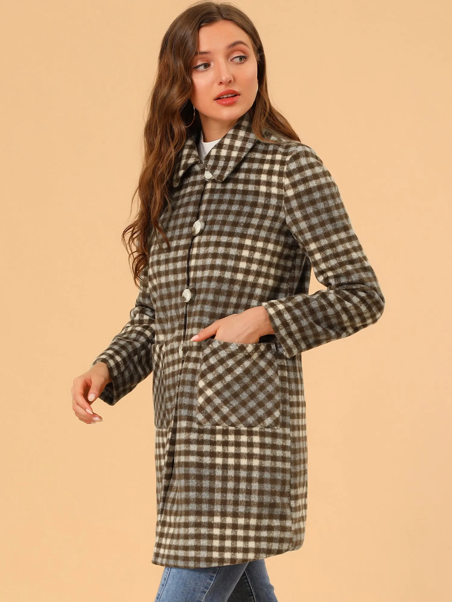 Turnover Collar Winter Elegant Woolen Blend Long Plaid Coat sold by Allegra K product image thumbnail 4