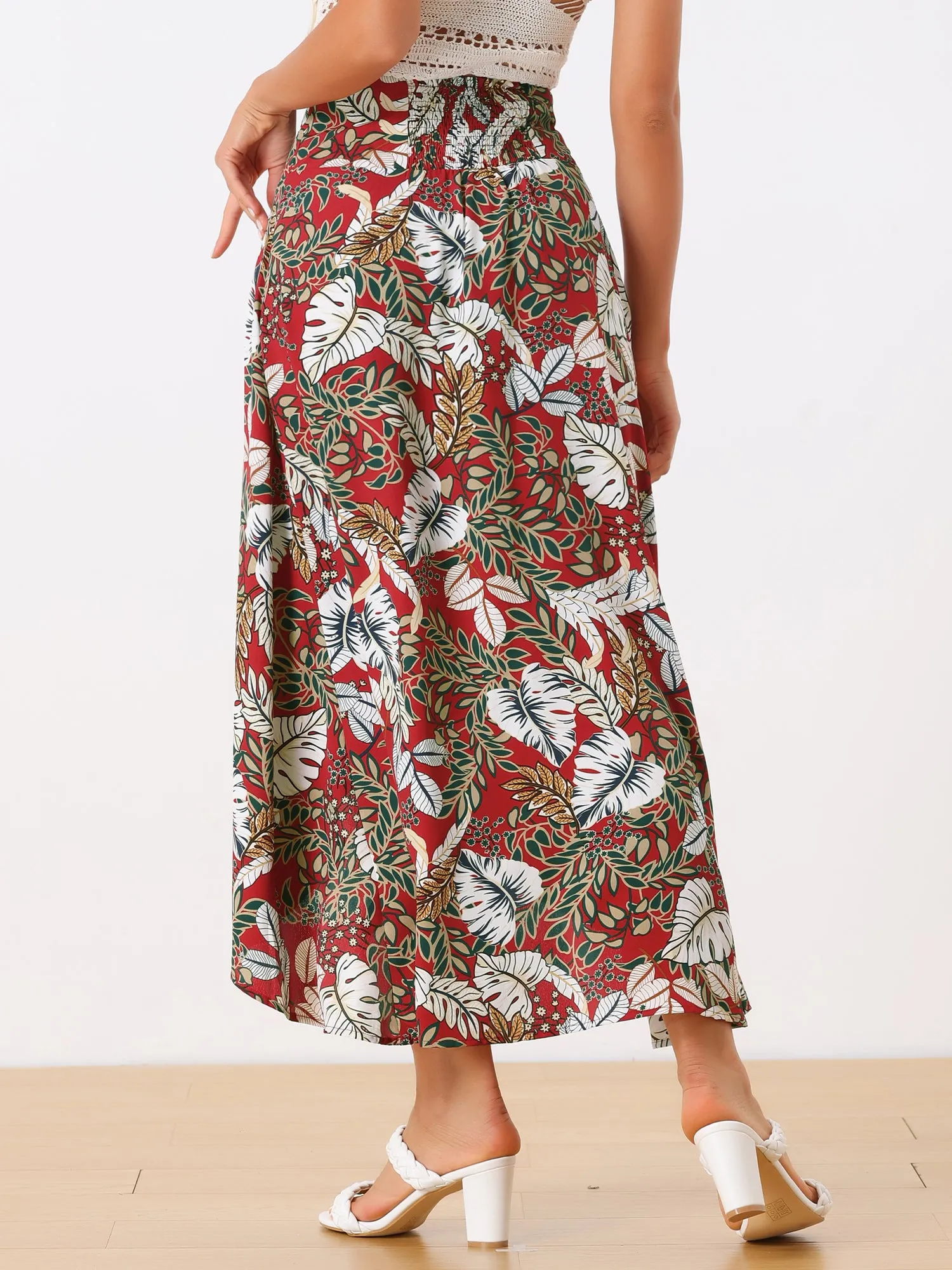 Tropical Smocked Waist High Low Flowy Maxi Skirt sold by Allegra K product image thumbnail 3