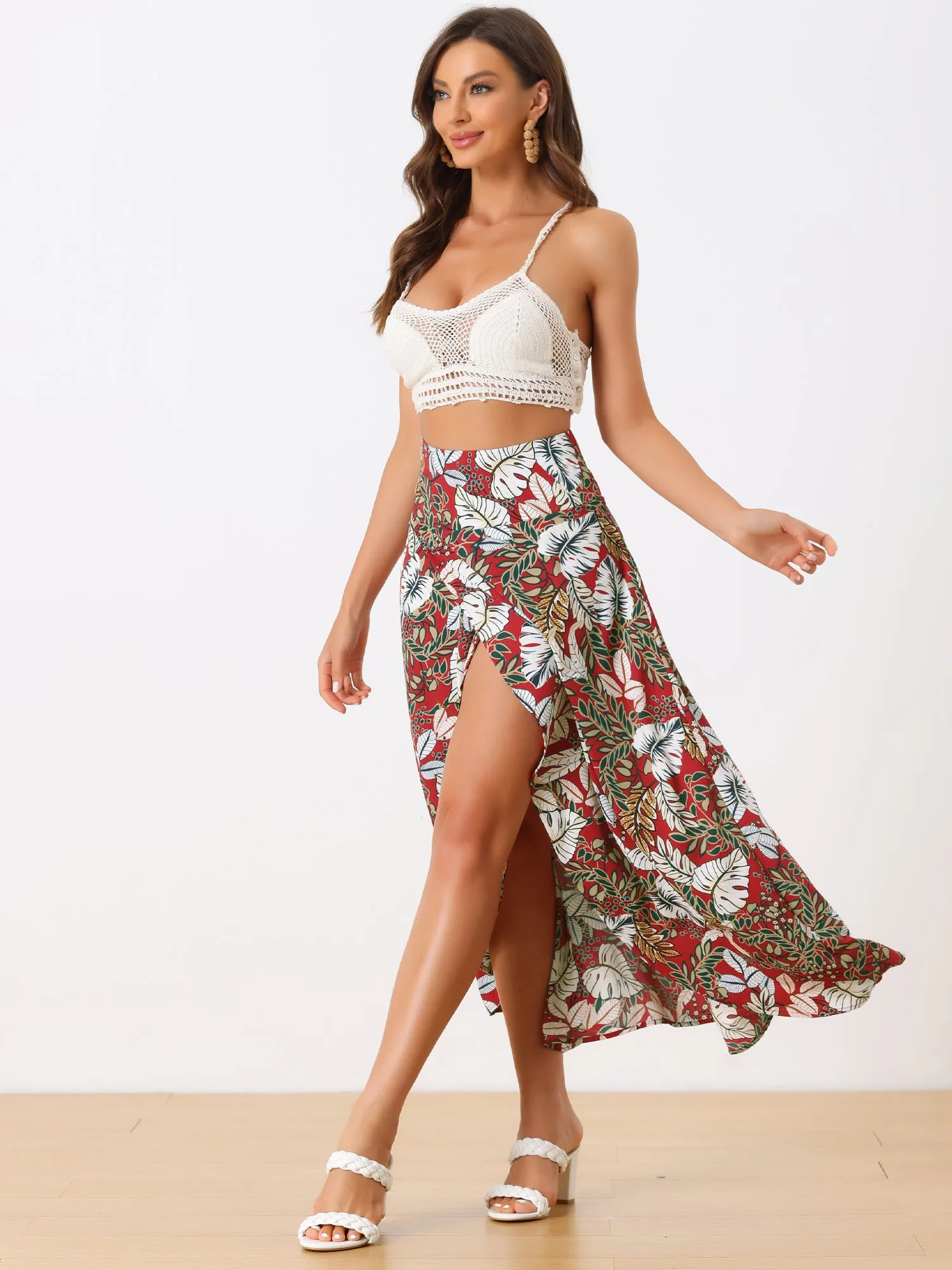 Tropical Smocked Waist High Low Flowy Maxi Skirt sold by Allegra K product image thumbnail 4