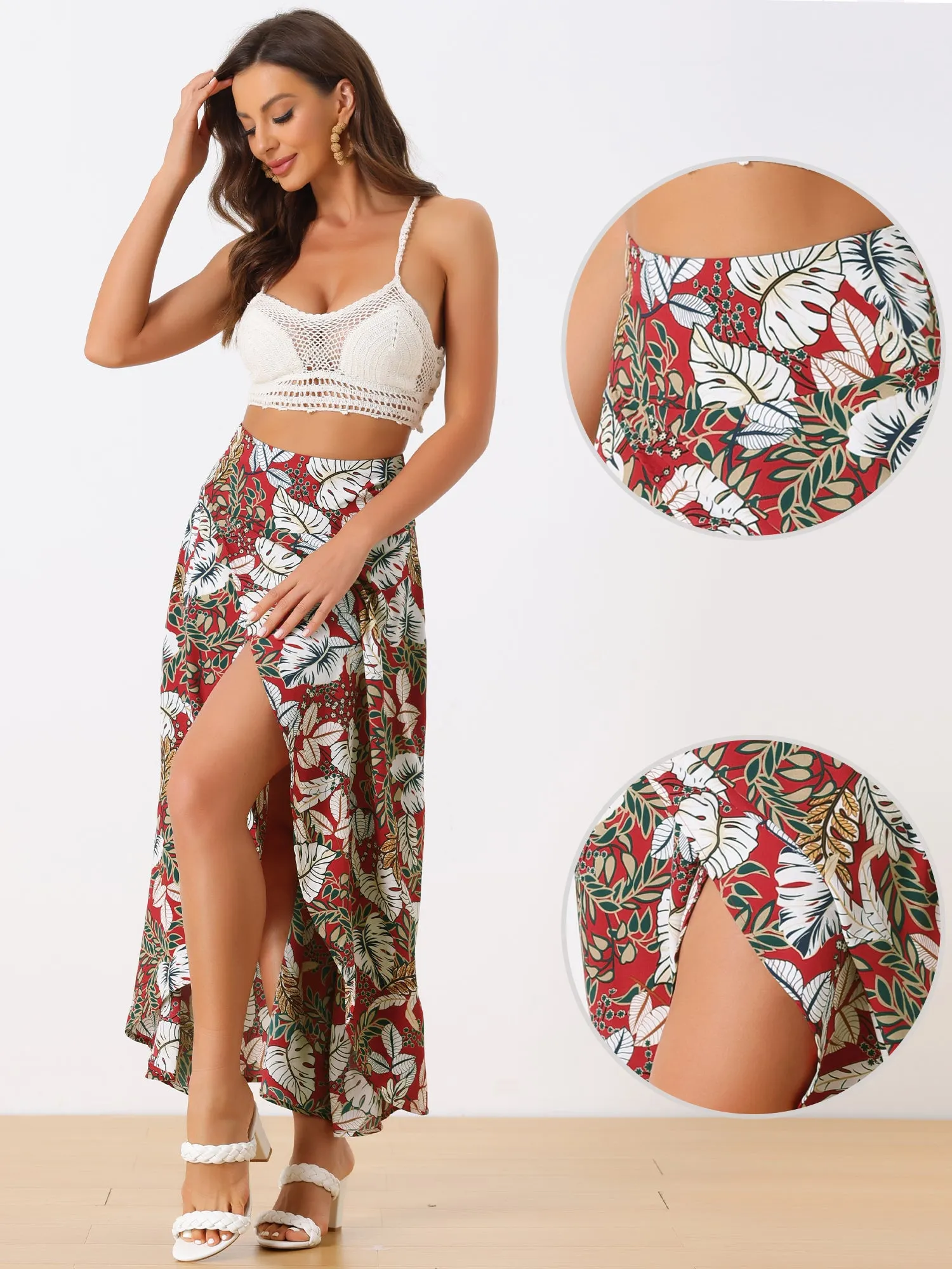 Tropical Smocked Waist High Low Flowy Maxi Skirt sold by Allegra K product image thumbnail 2