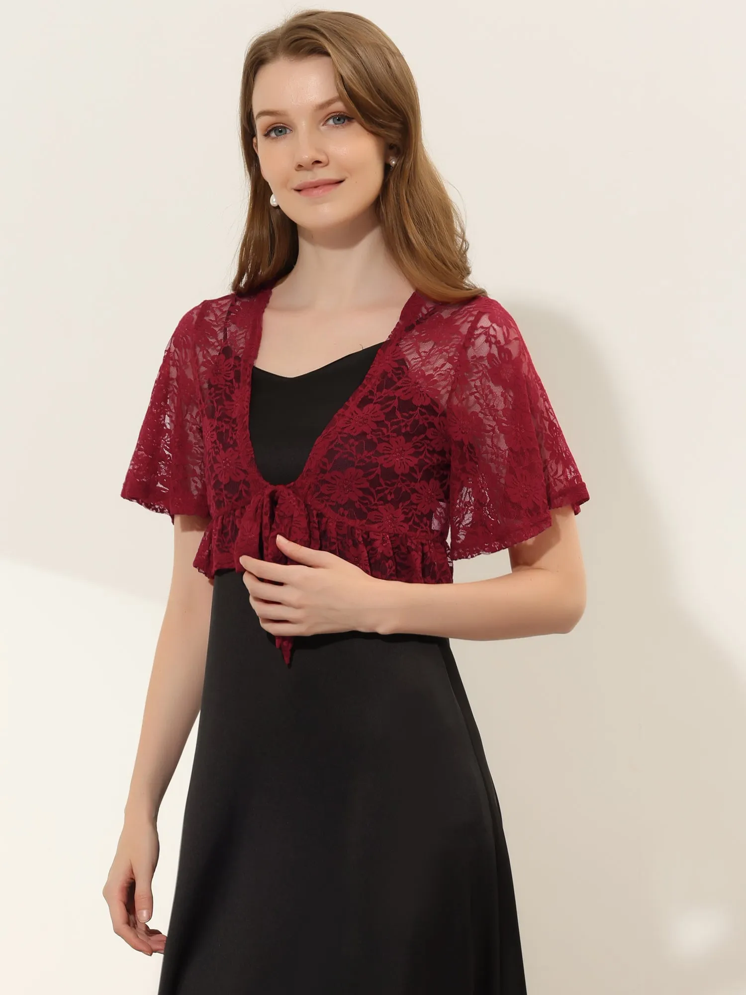 Bolero Shawls Ruffled Short Sleeve Sheer Floral Lace Shrug Top sold by Allegra K