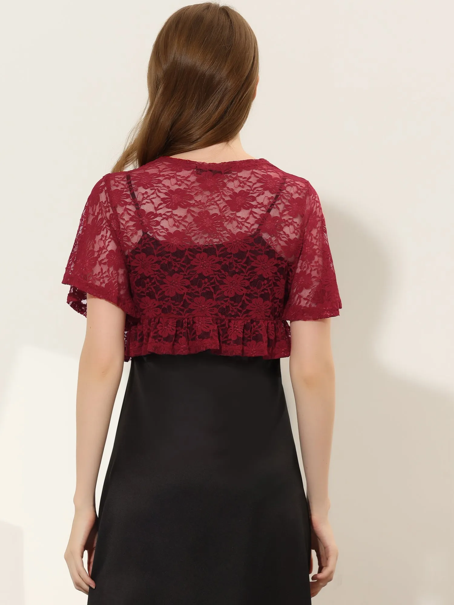 Bolero Shawls Ruffled Short Sleeve Sheer Floral Lace Shrug Top sold by Allegra K product image thumbnail 3