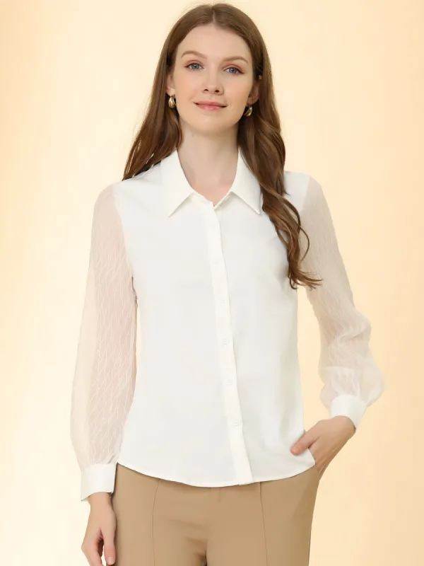 Button Down Shirt Sheer Sleeve Point Collar Work Tops sold by Allegra K