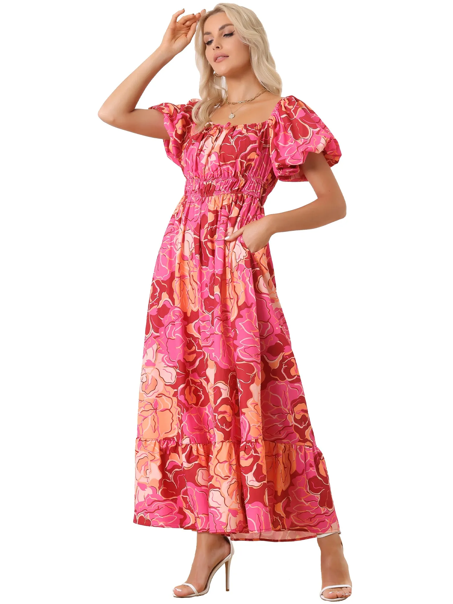 Floral Square Neck Puff Short Sleeves Boho Maxi Dress sold by Allegra K product image thumbnail 5