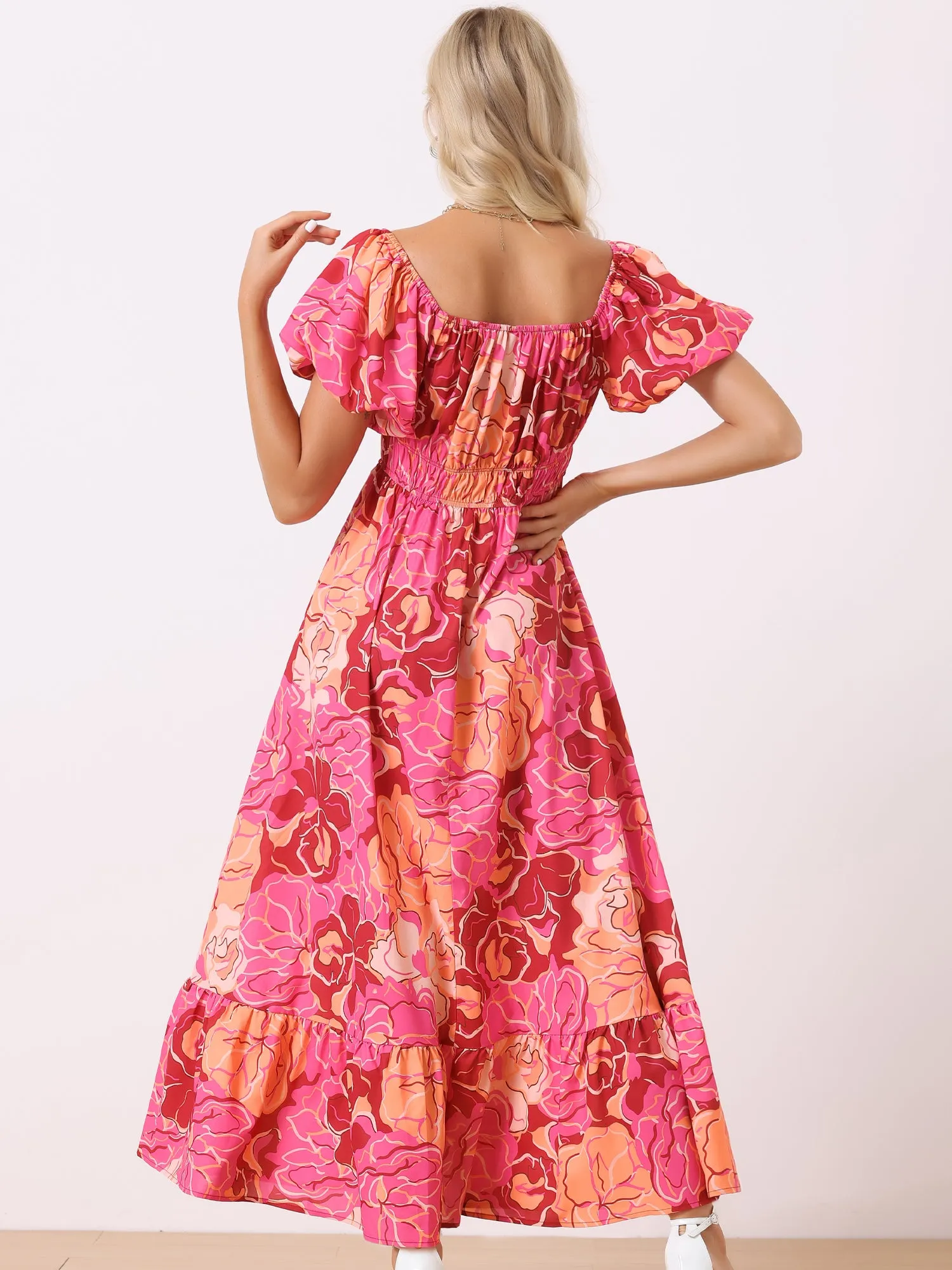Floral Square Neck Puff Short Sleeves Boho Maxi Dress sold by Allegra K product image thumbnail 3