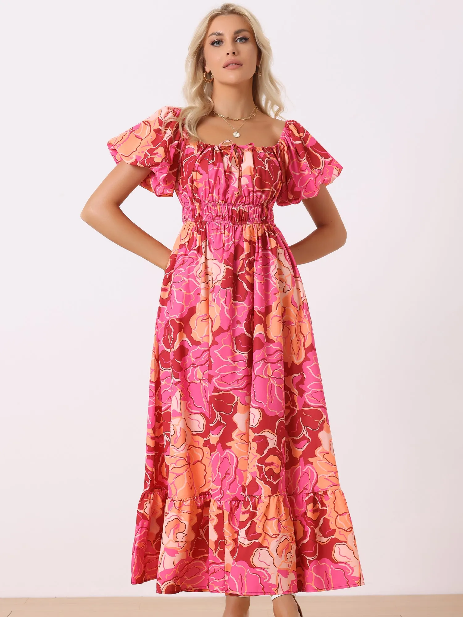 Floral Square Neck Puff Short Sleeves Boho Maxi Dress sold by Allegra K product image thumbnail 2