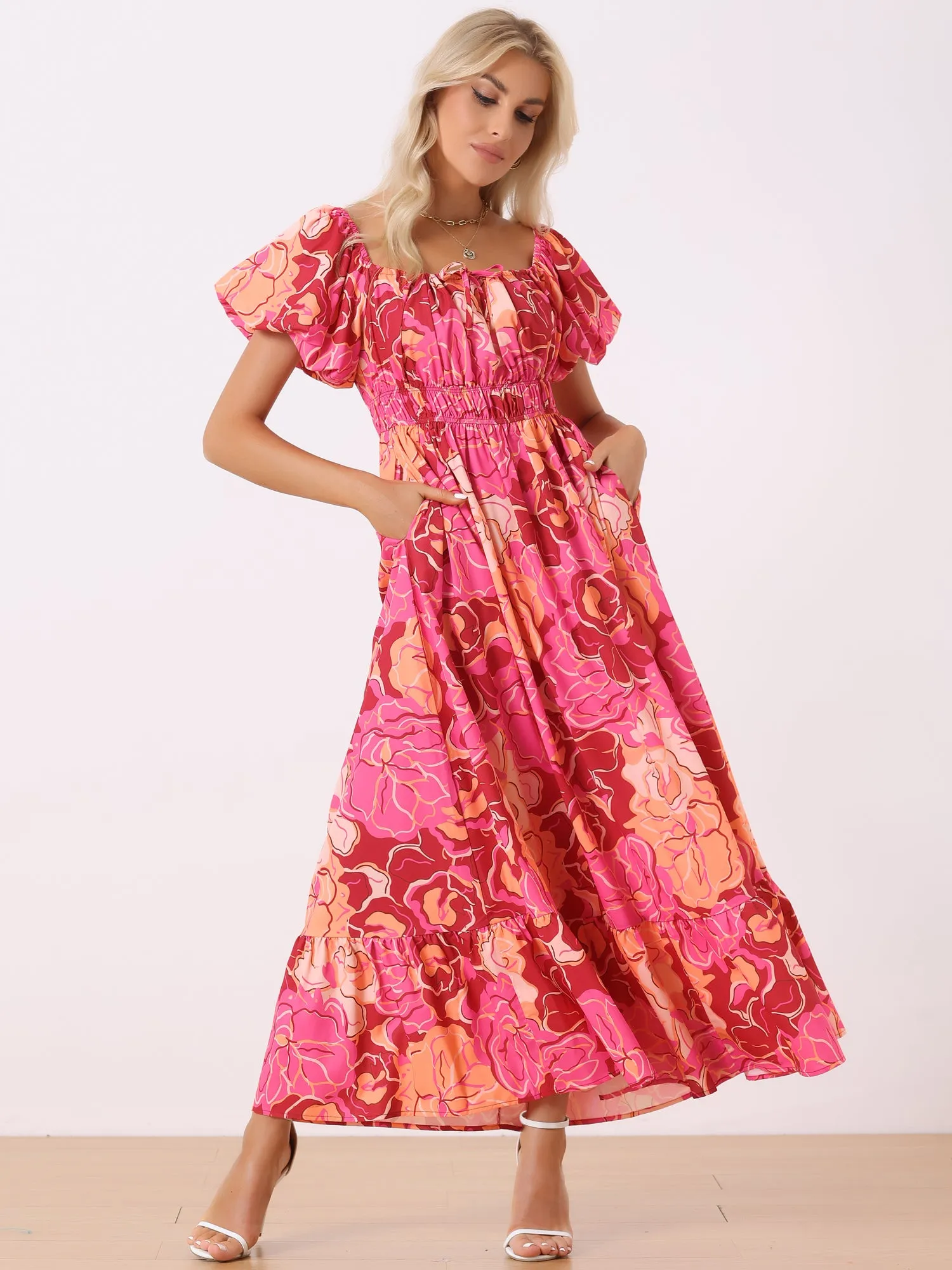 Floral Square Neck Puff Short Sleeves Boho Maxi Dress sold by Allegra K