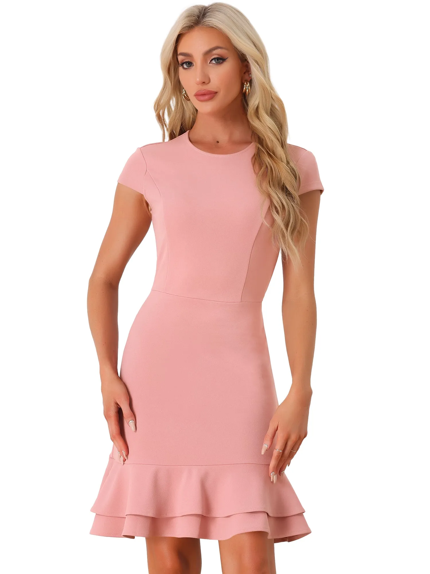 Cap Sleeves Round Neck Tiered Ruffled Hem Mini Dress sold by Allegra K product image thumbnail 5