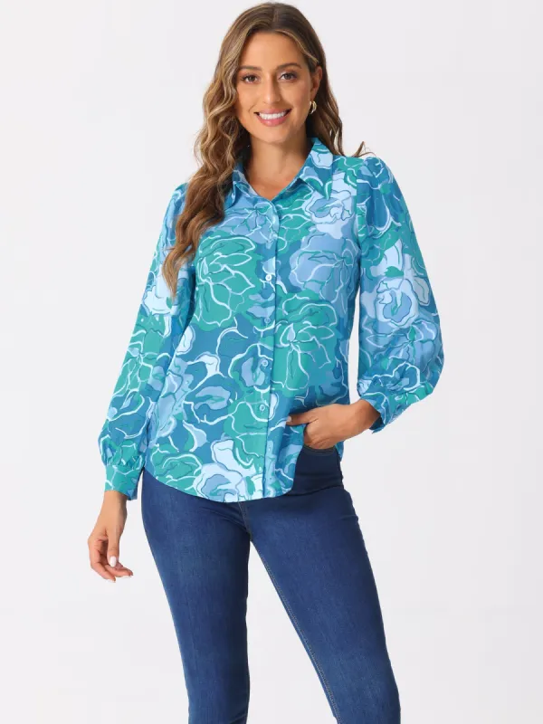 Floral Button Up Puff Long Sleeve Casual Blouse sold by Allegra K