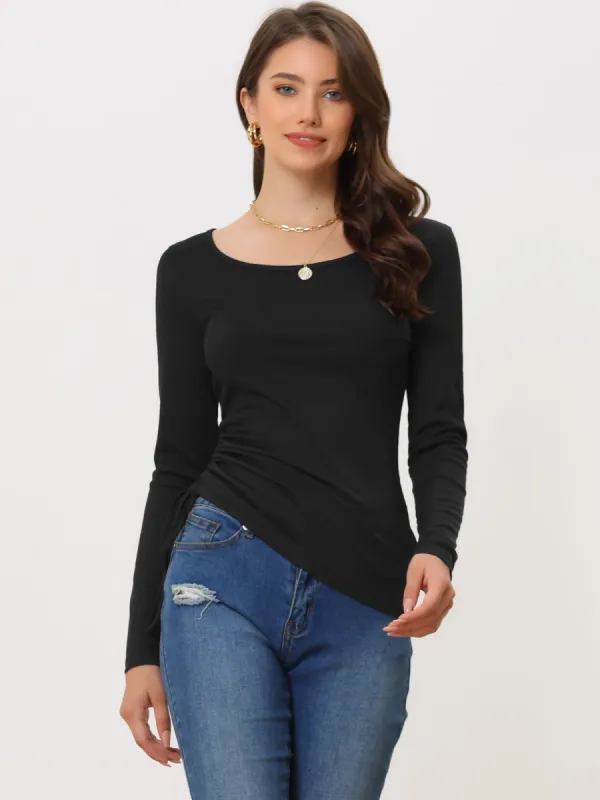 Drawstring Ruched Round Neck Long Sleeve Irregular Hem Basic T-shirt sold by Allegra K