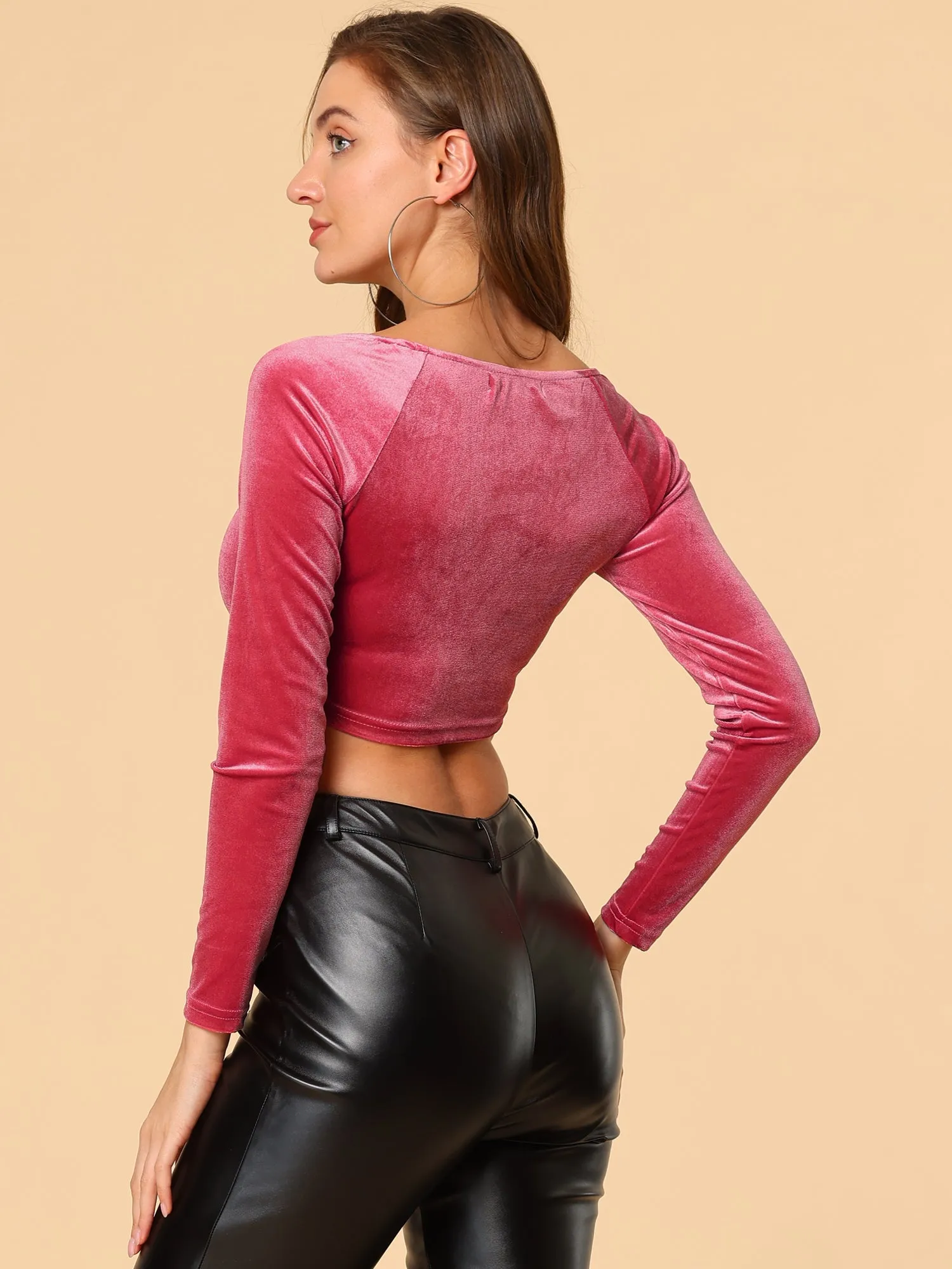 Velvet Long Sleeve Off Shoulder Solid Crop Top sold by Allegra K product image thumbnail 4