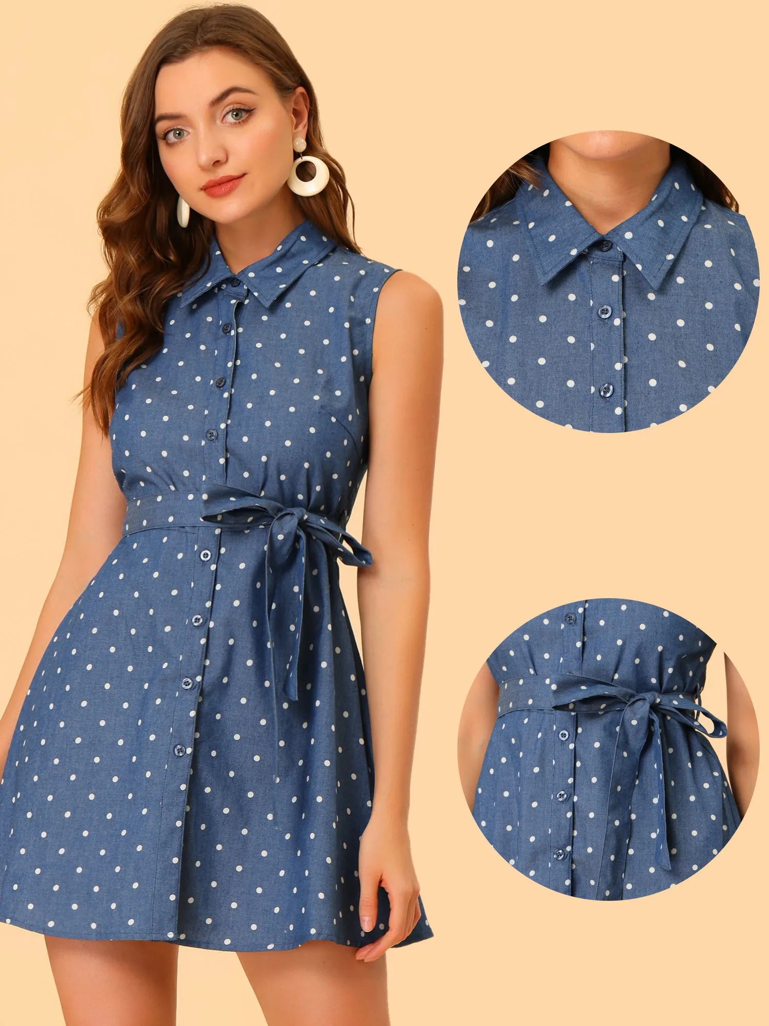 Vintage Polka Dot Tie Waist Sleeveless A-Line Denim Shirt Dress sold by Allegra K product image thumbnail 2