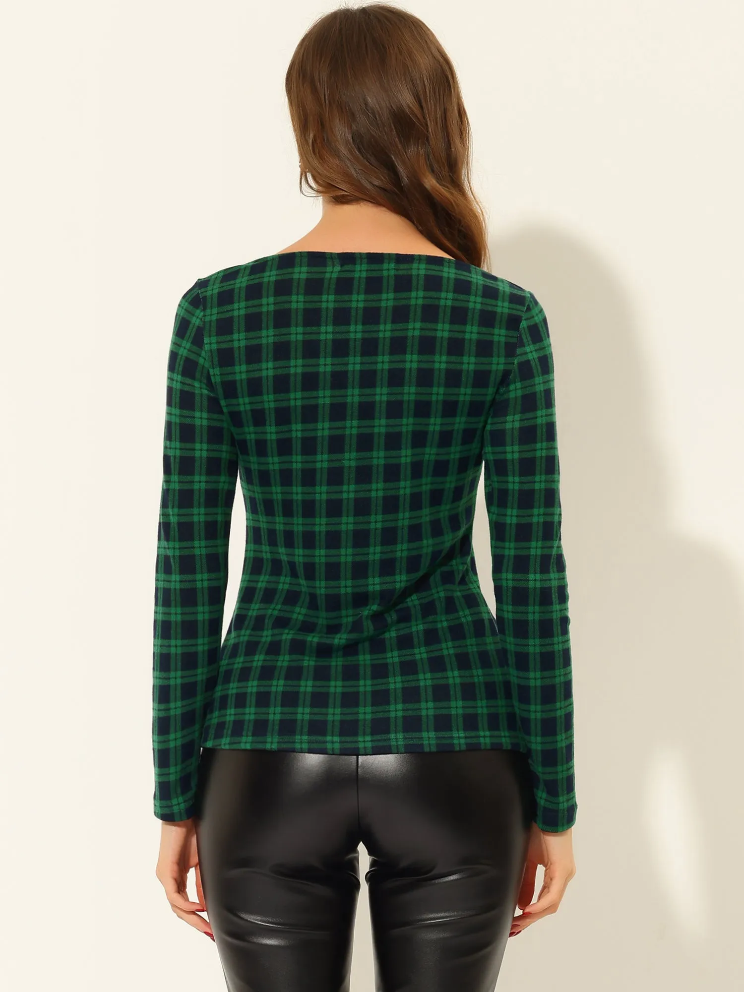 Plaid Blouse Square Neck Slim Fit Basic Long Sleeve T Shirt Tops sold by Allegra K product image thumbnail 3