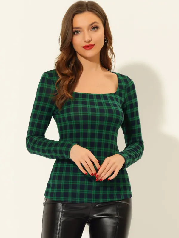 Plaid Blouse Square Neck Slim Fit Basic Long Sleeve T Shirt Tops sold by Allegra K