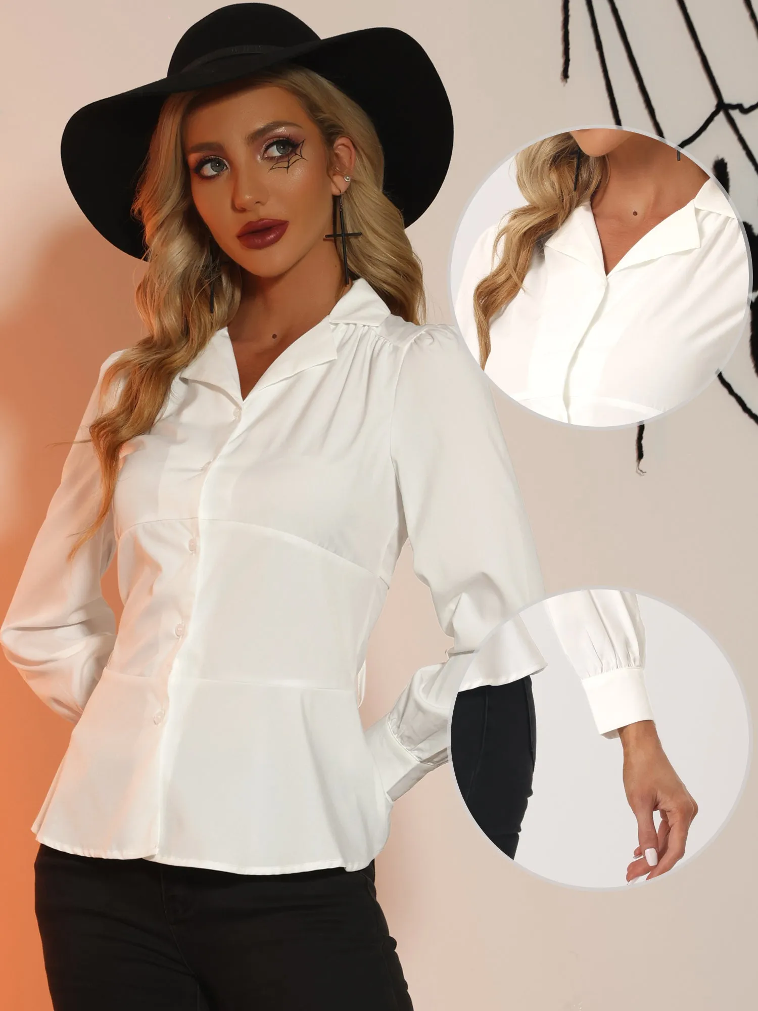 Long Sleeve Casual V Neck Tie Back Button Up Peplum Blouse sold by Allegra K product image thumbnail 2